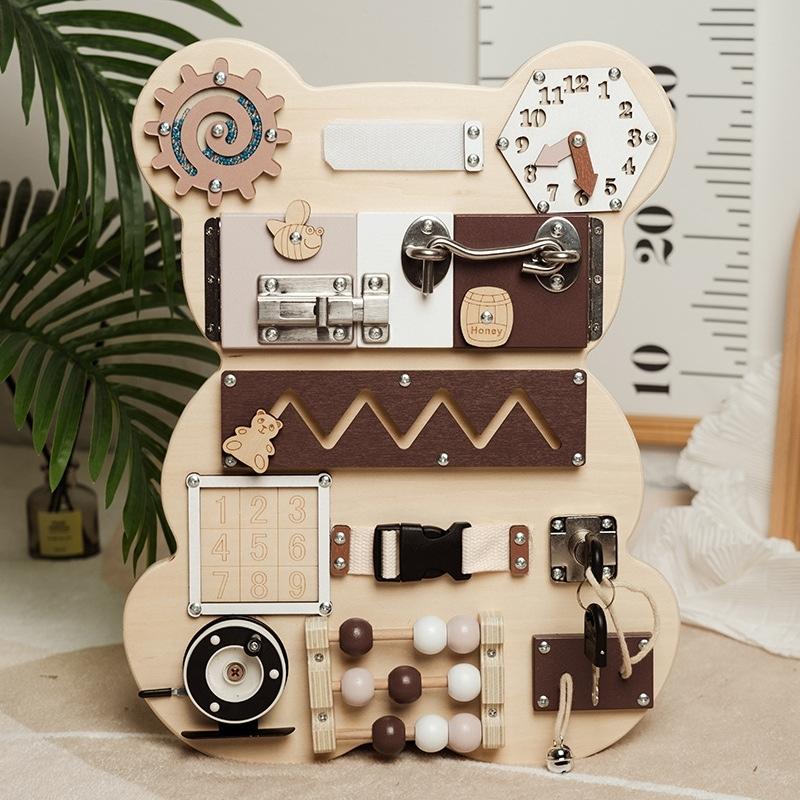 mocha colour sensory board with all activities displayed